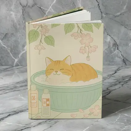 Orange Cat Bathing Cherry Blossoms Japanese Style