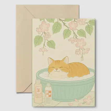Orange Cat Bathing Cherry Blossoms Japanese Style