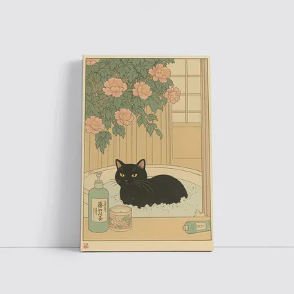 Black Cat Resting in Bath Japanese Style