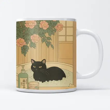 Black Cat Resting in Bath Japanese Style