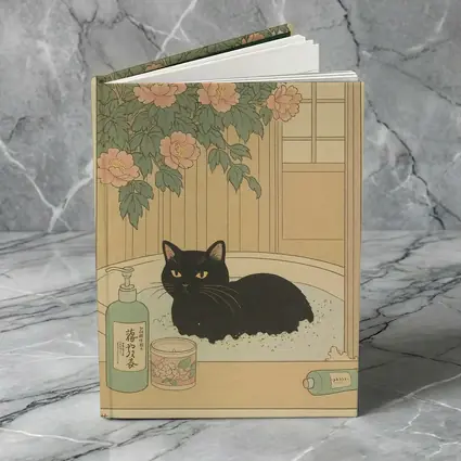 Black Cat Resting in Bath Japanese Style