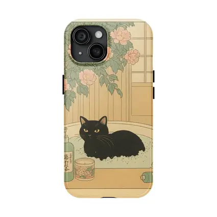 Black Cat Resting in Bath Japanese Style