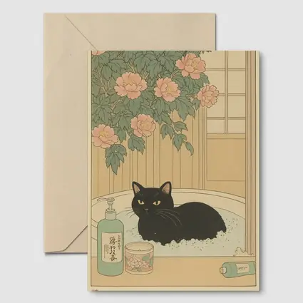 Black Cat Resting in Bath Japanese Style