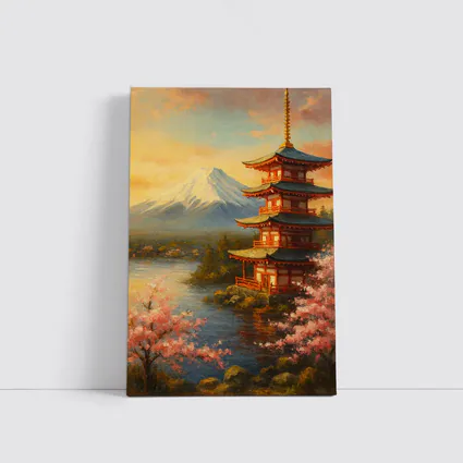 Japanese Pagoda Mount Fuji Cherry Blossoms Painting