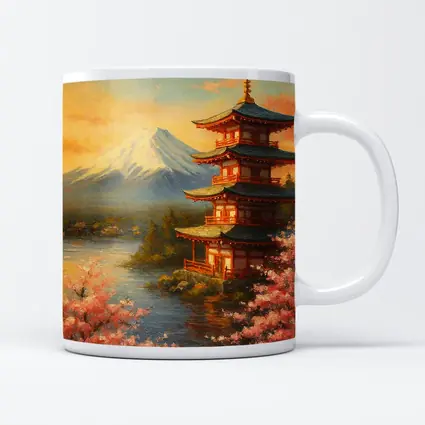 Japanese Pagoda Mount Fuji Cherry Blossoms Painting