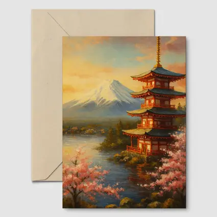 Japanese Pagoda Mount Fuji Cherry Blossoms Painting