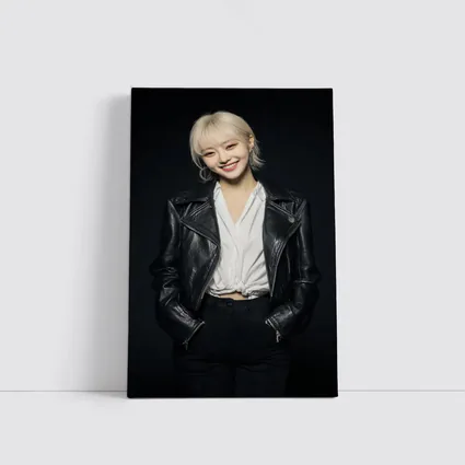 Smiling Young Woman Black Leather Jacket Dark