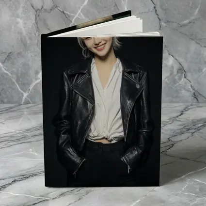 Smiling Young Woman Black Leather Jacket Dark
