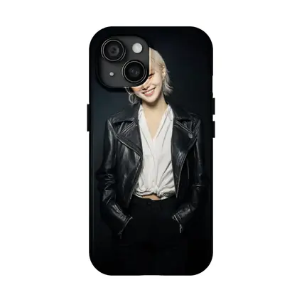 Smiling Young Woman Black Leather Jacket Dark