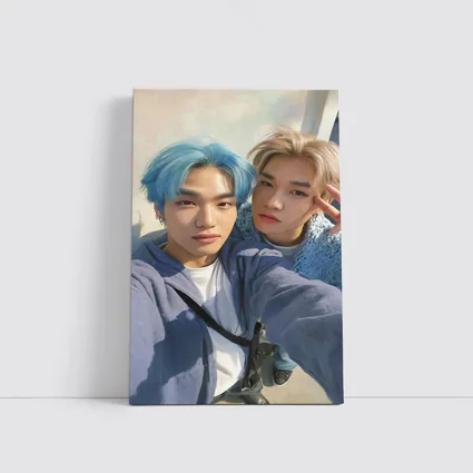 Two K-Pop Idols Blue Hair Pastel Background