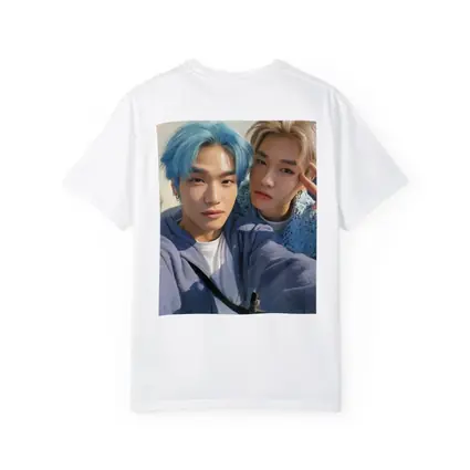 Two K-Pop Idols Blue Hair Pastel Background