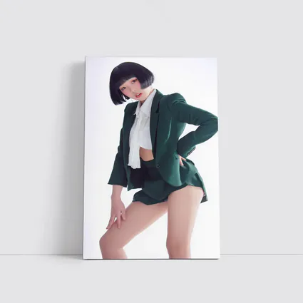 Young Woman Green Blazer Shorts White Background
