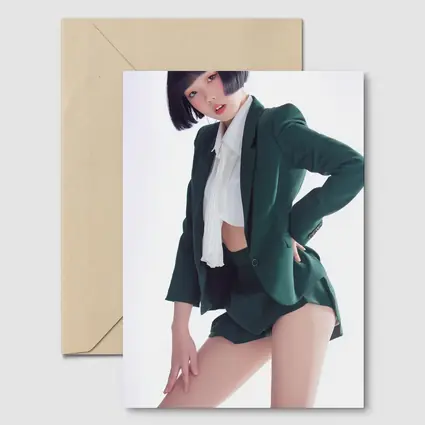 Young Woman Green Blazer Shorts White Background