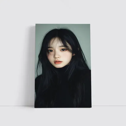 Korean Girl Portrait Dark Hair Gray Background
