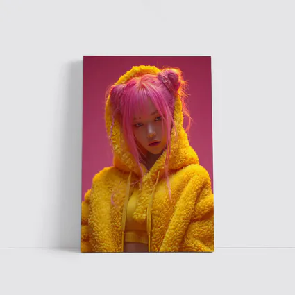 Pink Hair Girl Yellow Hoodie Pink Background