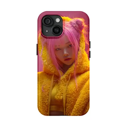 Pink Hair Girl Yellow Hoodie Pink Background