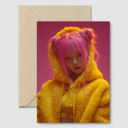 Pink Hair Girl Yellow Hoodie Pink Background