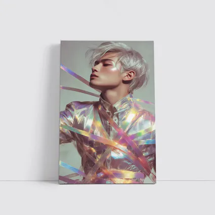 Young Man Holographic Ribbons Iridescent Fashion Portrait