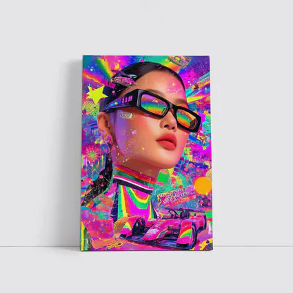 Neon Pop Art Woman Formula Racing Car