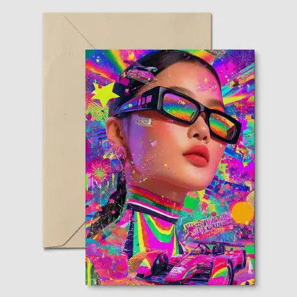 Neon Pop Art Woman Formula Racing Car