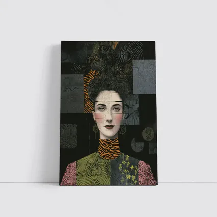 Woman Portrait Collage Mixed Pattern Dark Background
