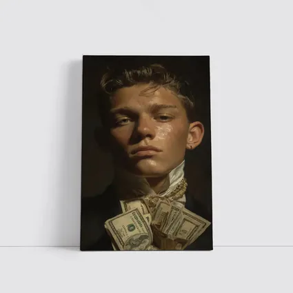Young Man Portrait Holding Cash Dark Background