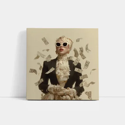 Fashionable Woman Flying Money Beige Background