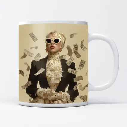 Fashionable Woman Flying Money Beige Background