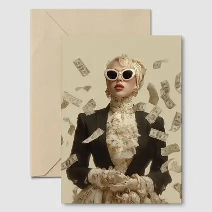 Fashionable Woman Flying Money Beige Background