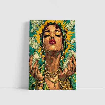 Pop Art Woman Gold Money Falling Green