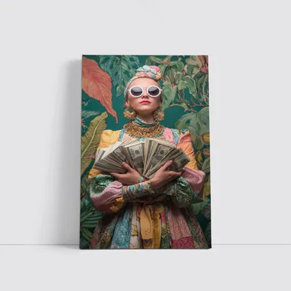 Fashionable Woman Holding Cash Tropical Background