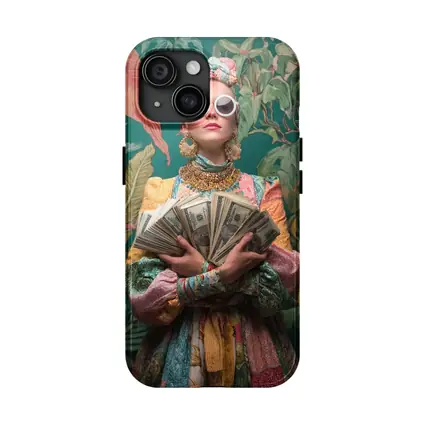 Fashionable Woman Holding Cash Tropical Background