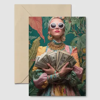 Fashionable Woman Holding Cash Tropical Background