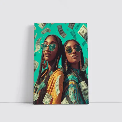 Two Women Money Rain Teal Background Art