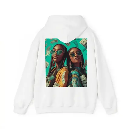 Two Women Money Rain Teal Background Art