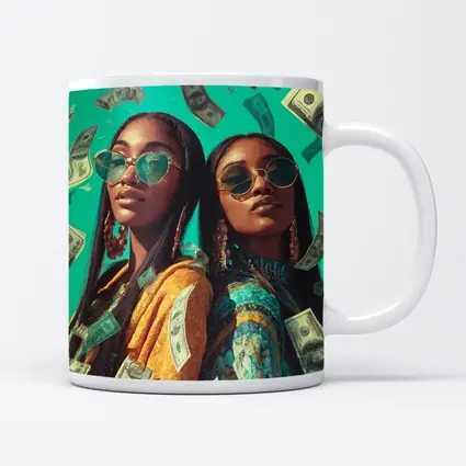 Two Women Money Rain Teal Background Art