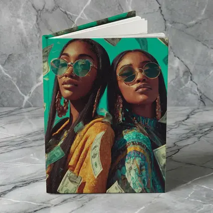 Two Women Money Rain Teal Background Art