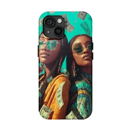 Two Women Money Rain Teal Background Art