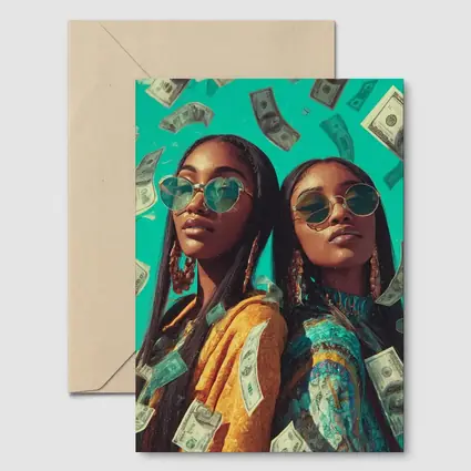 Two Women Money Rain Teal Background Art