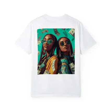 Two Women Money Rain Teal Background Art