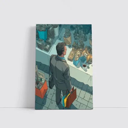 Man Shopping Surrounded By Money Illustration Art