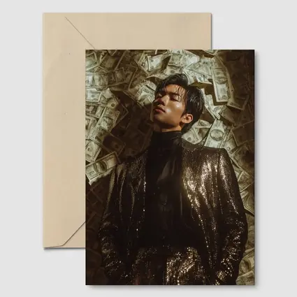 Man in Sequin Jacket Money Raining Background