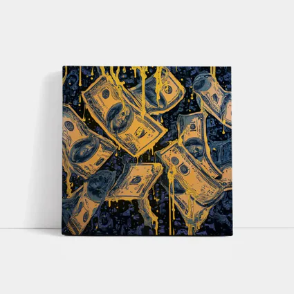 Dripping Gold Dollar Bills Dark Blue Art