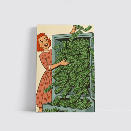 Retro Woman Laughing With Overflowing Money Safe