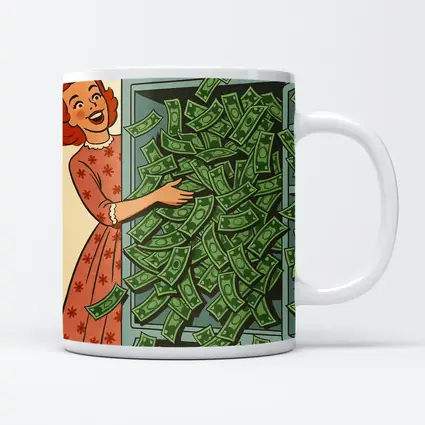 Retro Woman Laughing With Overflowing Money Safe