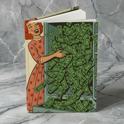 Retro Woman Laughing With Overflowing Money Safe