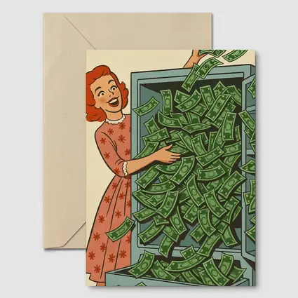 Retro Woman Laughing With Overflowing Money Safe