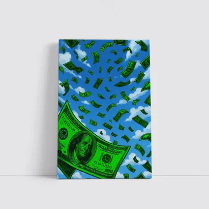 Hundred Dollar Bills Falling Blue Sky