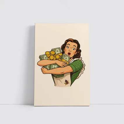 Retro Woman Hugging Cash And Gold Coins