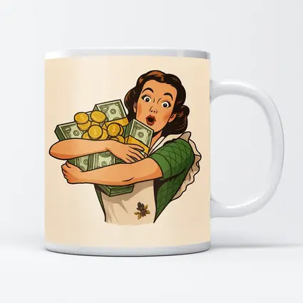 Retro Woman Hugging Cash And Gold Coins